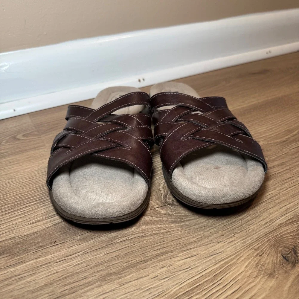 Eastland Brown Leather Woven Slide Sandals Womens 10M Memory Foam Boho Comfort
